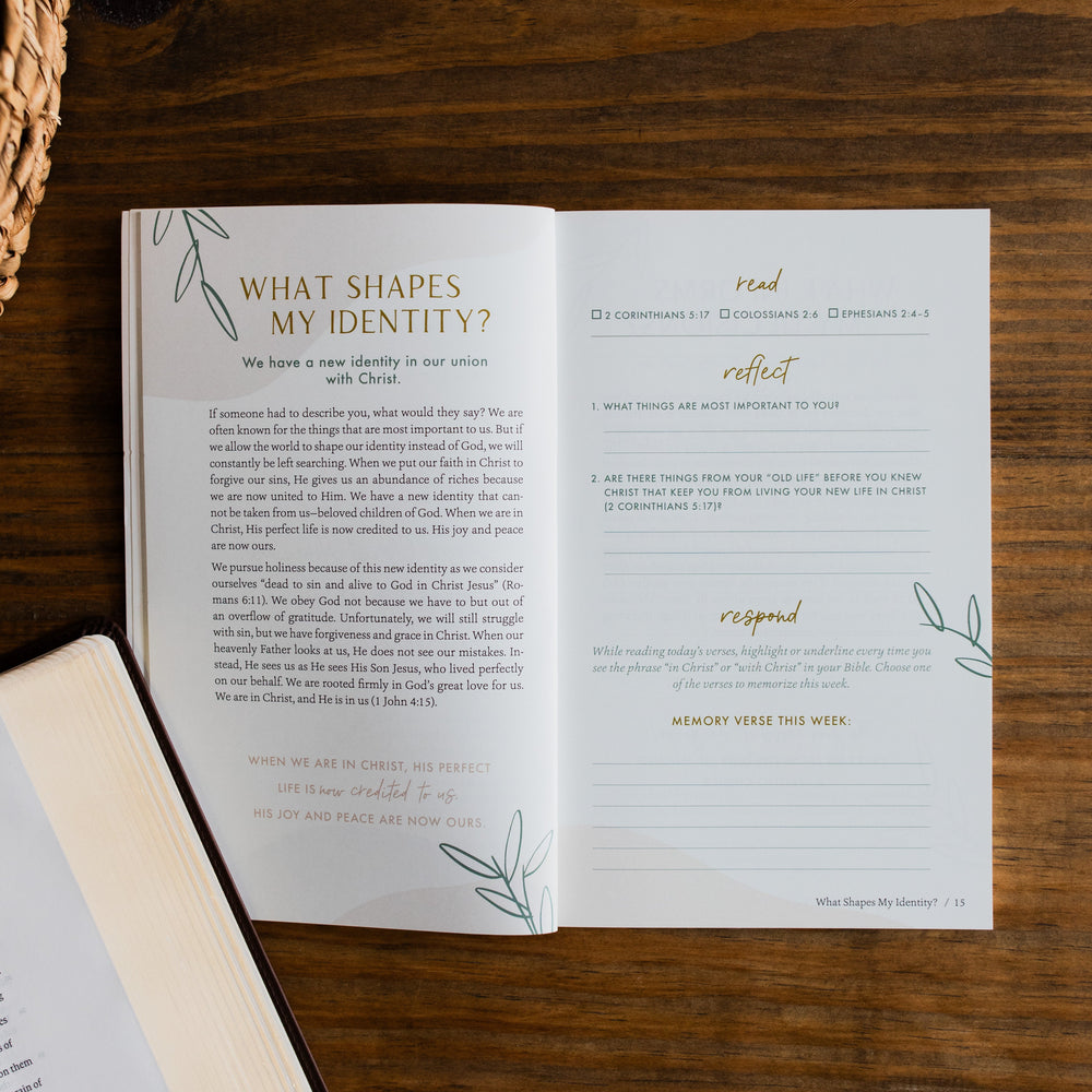 Teen devotional book on a wooden surface with text and questions about identity.