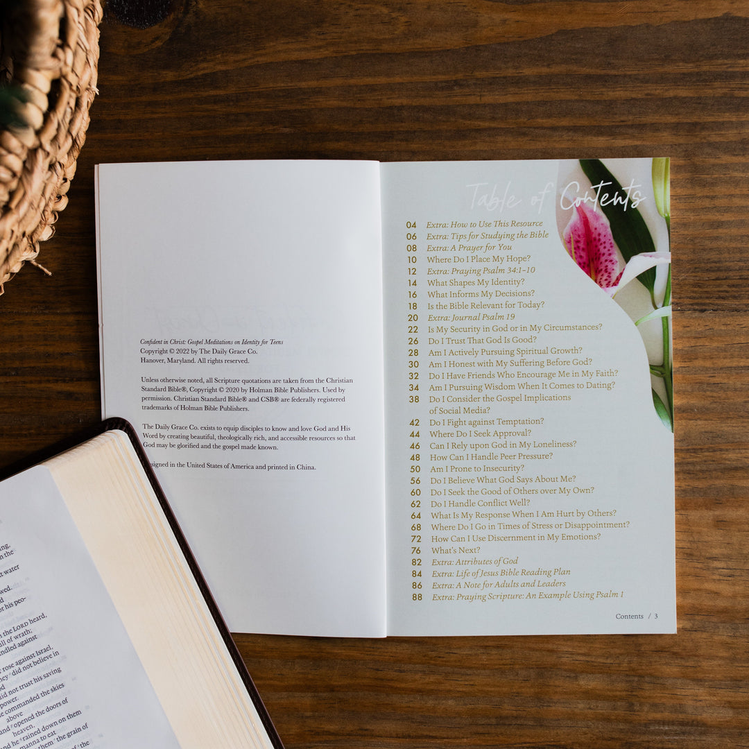 Teen identity devotional table of contents on table