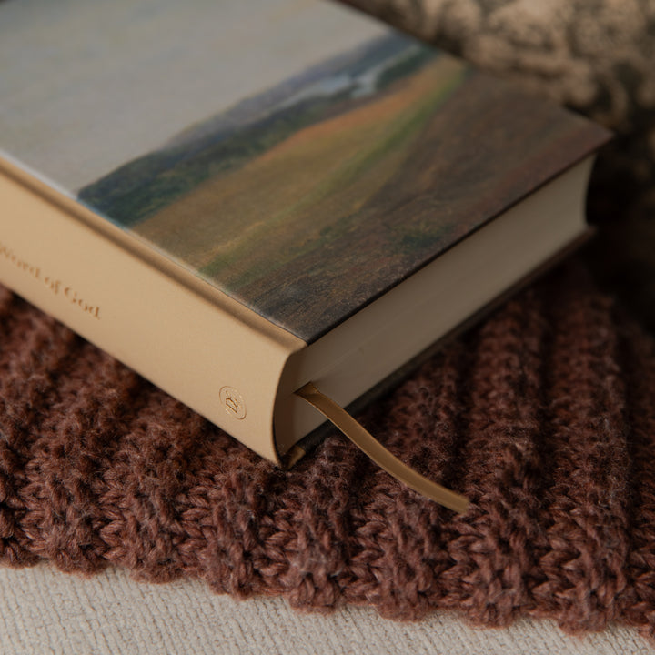 A hardcover bible with a landscape cover and a tan ribbon bookmark resting on a brown knitted blanket over a light fabric surface.