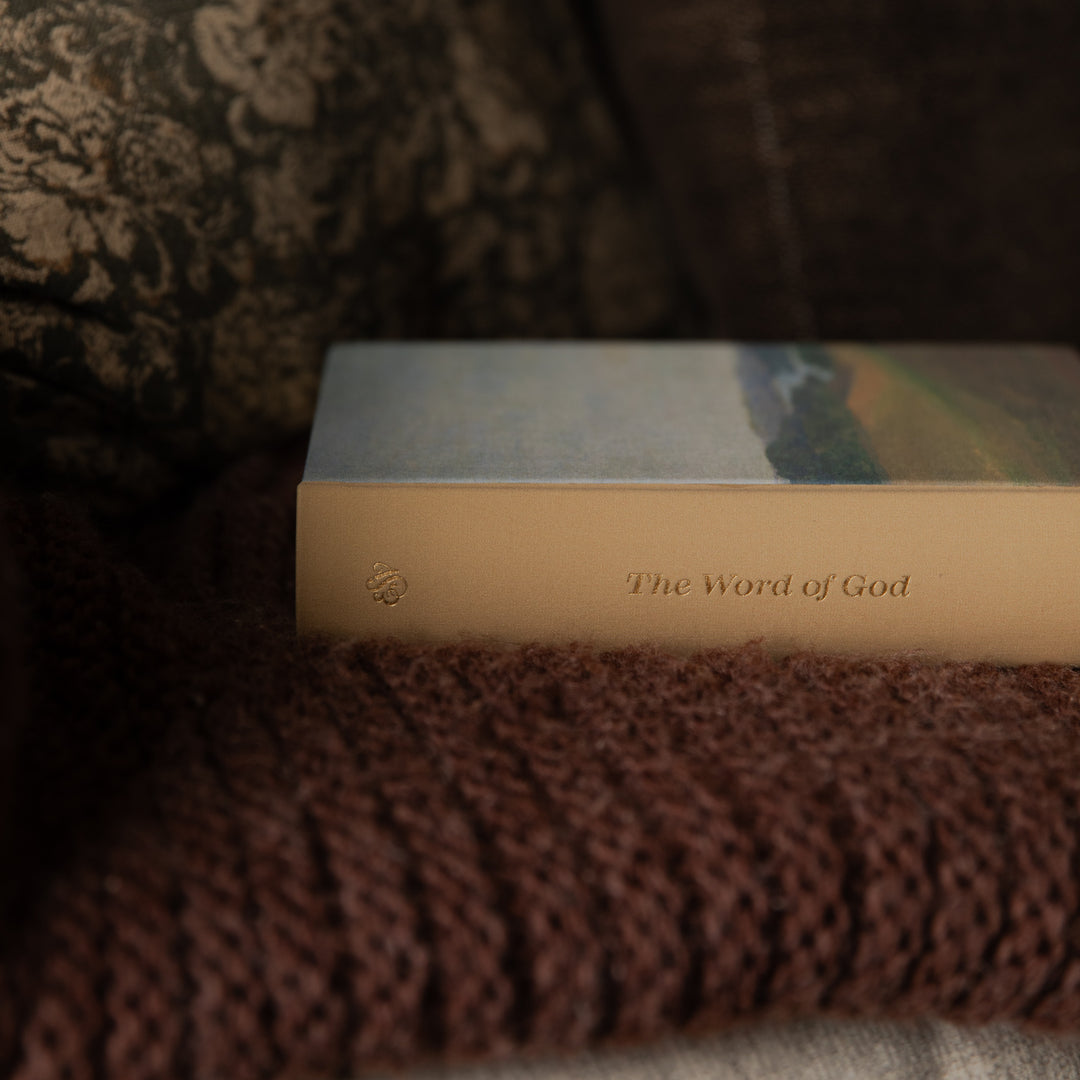 A close-up of a bible titled "The Word of God" resting on a dark brown knit blanket, with a patterned fabric background.