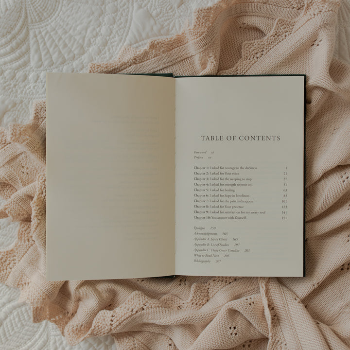 The Daily Grace Hardcover book opened to the table of contents page on some white sheets