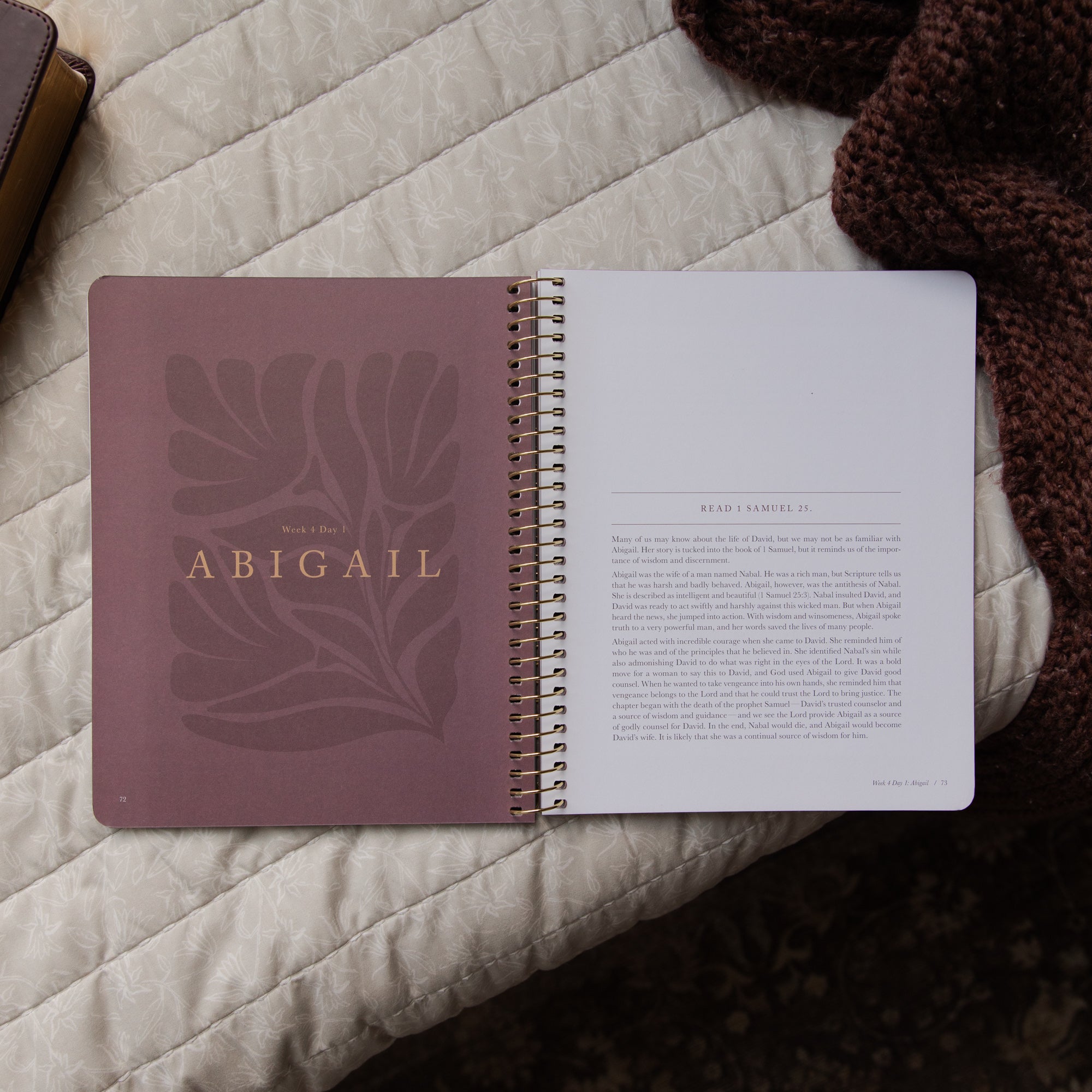 Open bible study with 'Abigail' on the cover, placed on a textured surface.
