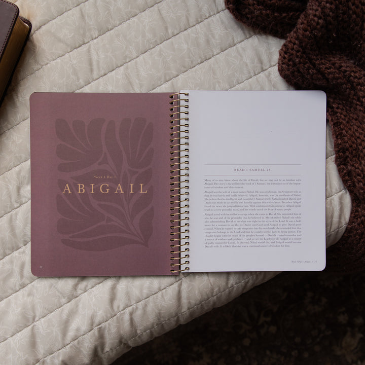 Open bible study with 'Abigail' on the cover, placed on a textured surface.
