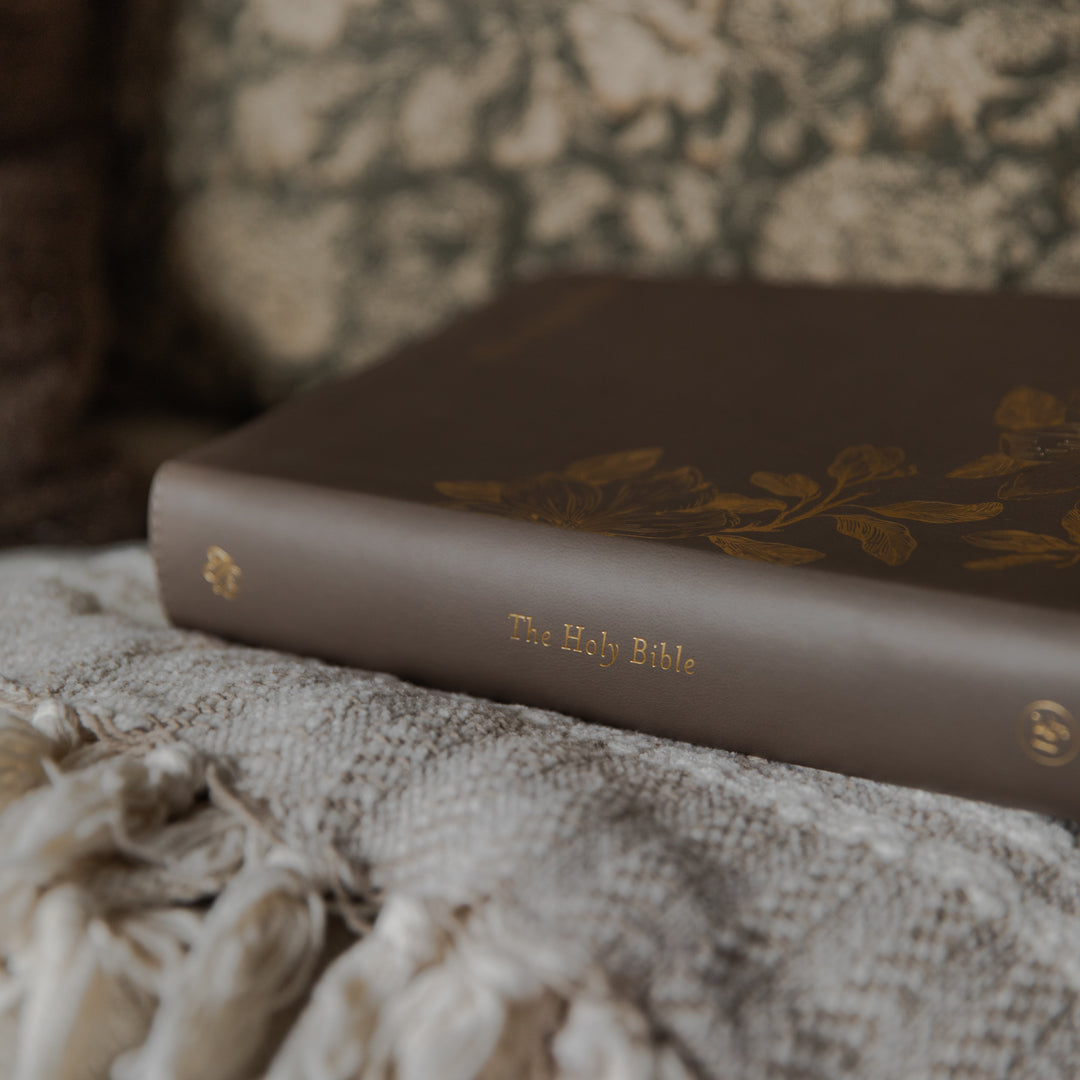 The Holy Bible spine on a blanket on a couch