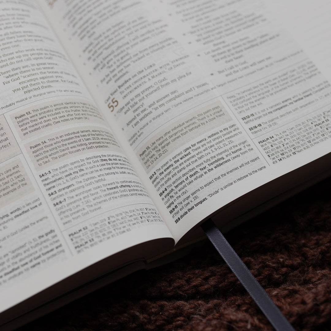 Up close of the ESV Bible Roman tassel on a brown blanket