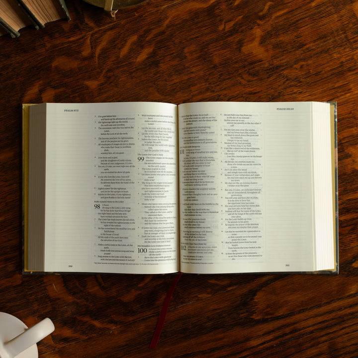 ESV journaling Fields Bible opened to Psalms on a wooden table next to a white coffee cup