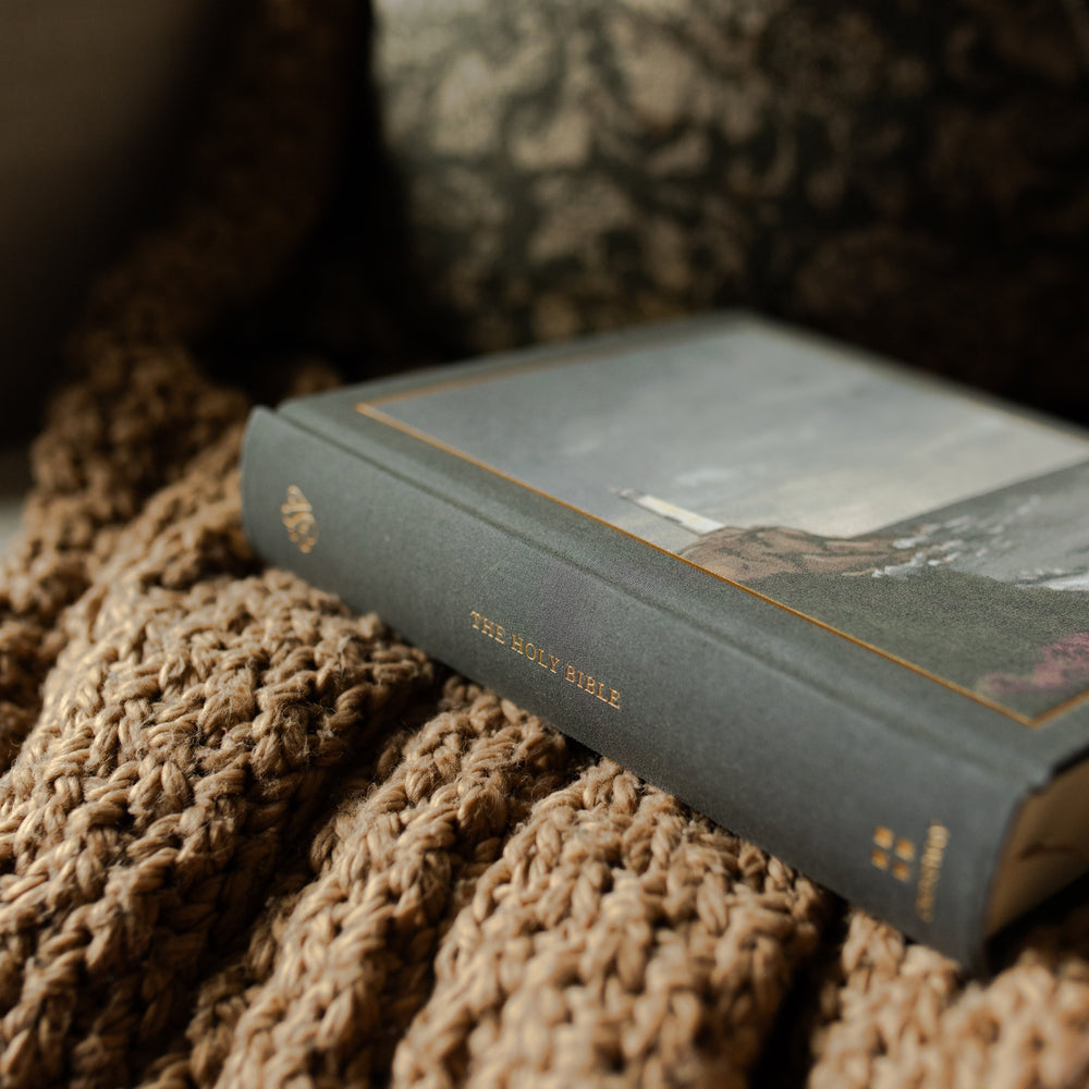 ESV Journaling Lighthouse Bible spine on the cover on a woven blanket