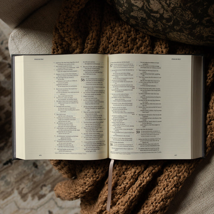ESV Journaling Lighthouse Bible opened to Psalms on a woven blanket and a white couch