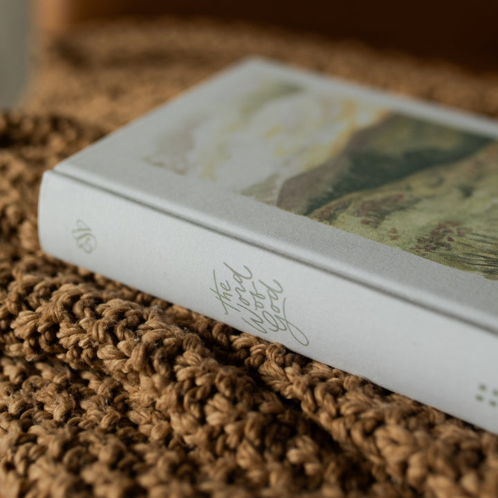 ESV Journaling New Mercies Bible spine on a brown woven blanket