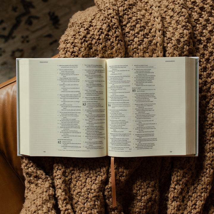 ESV Journaling New Mercies Bible opened to Psalms on a brown woven blanket and a leather couch