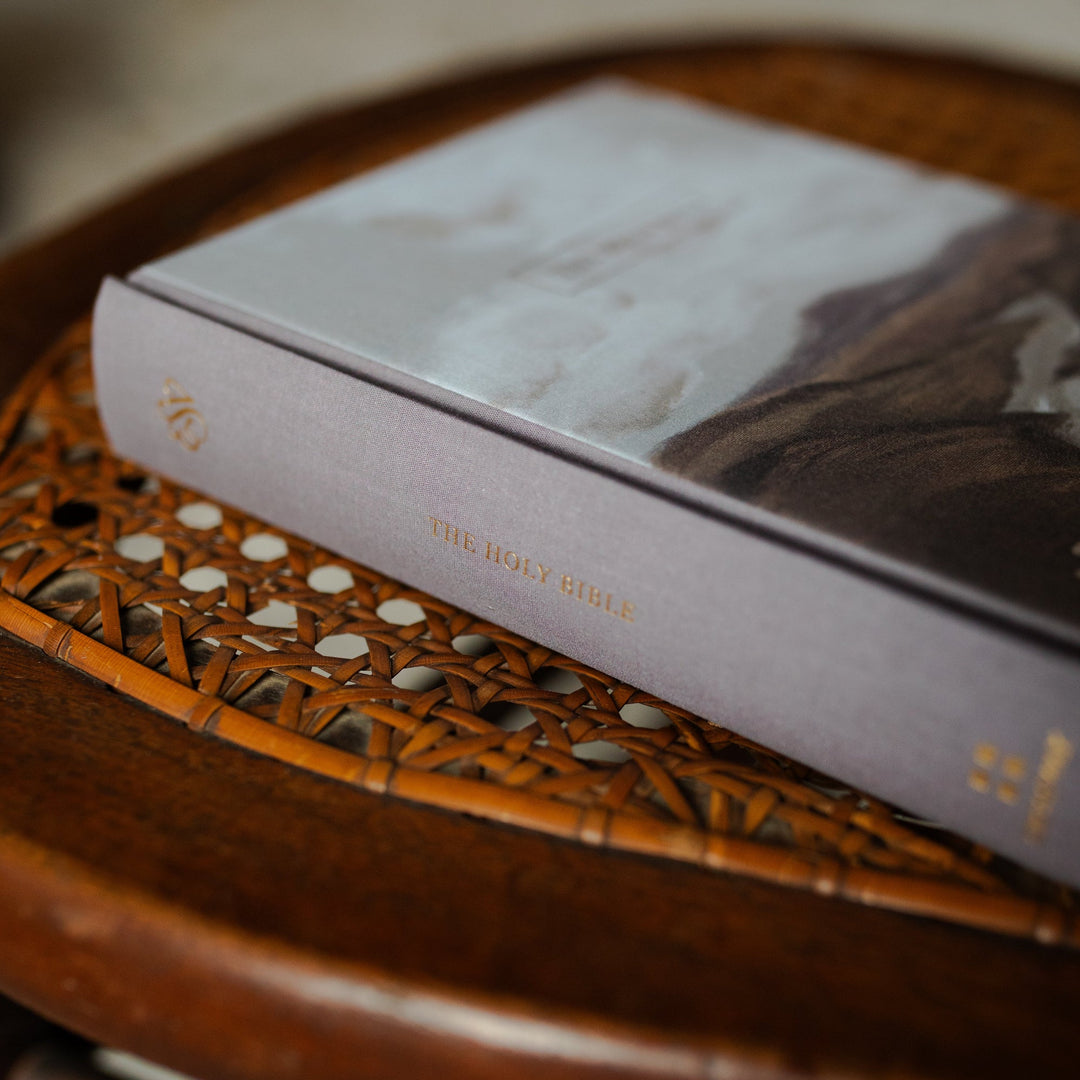 ESV Journaling Still Waters Bible spine on a oven chair