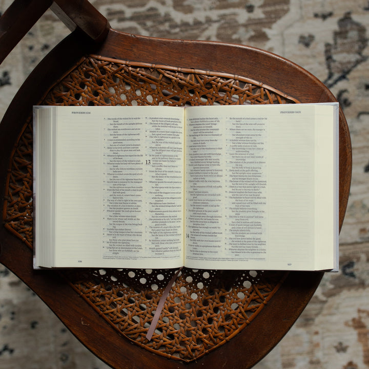 ESV Journaling Still Waters Bible opened to Proverbs on a oven chair over a rug