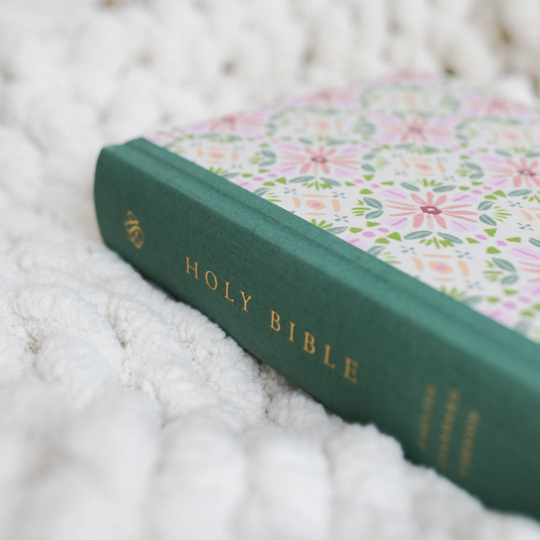 pink flower and green spine journaling bible