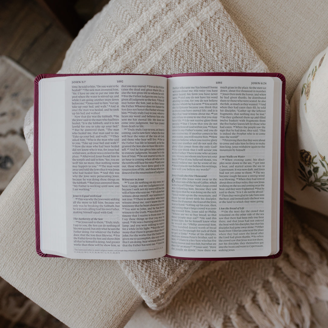 The ESV Large Print Raspberry Bible opened to John 5:7 on a blanket on the arm of a couch
