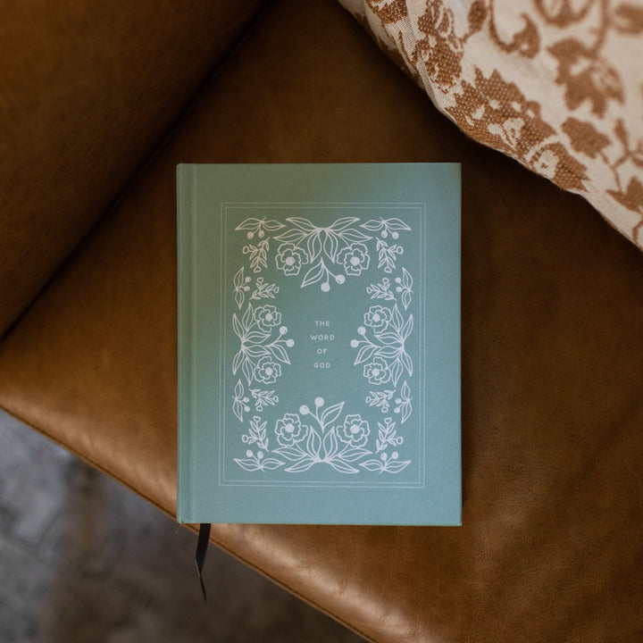 Mint colored ESV bible with white flower designs