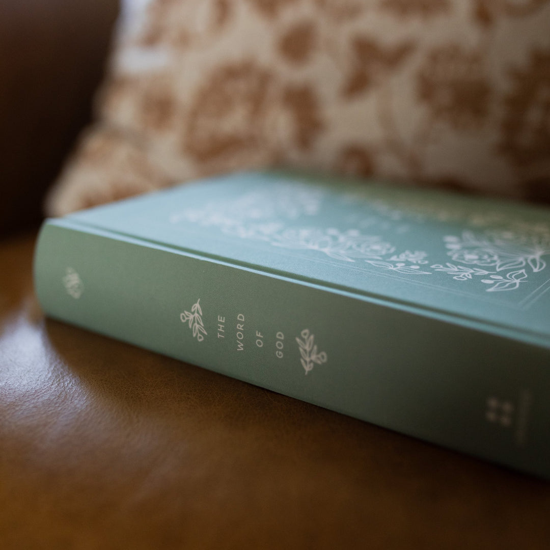 Mint colored bible spine with white wording