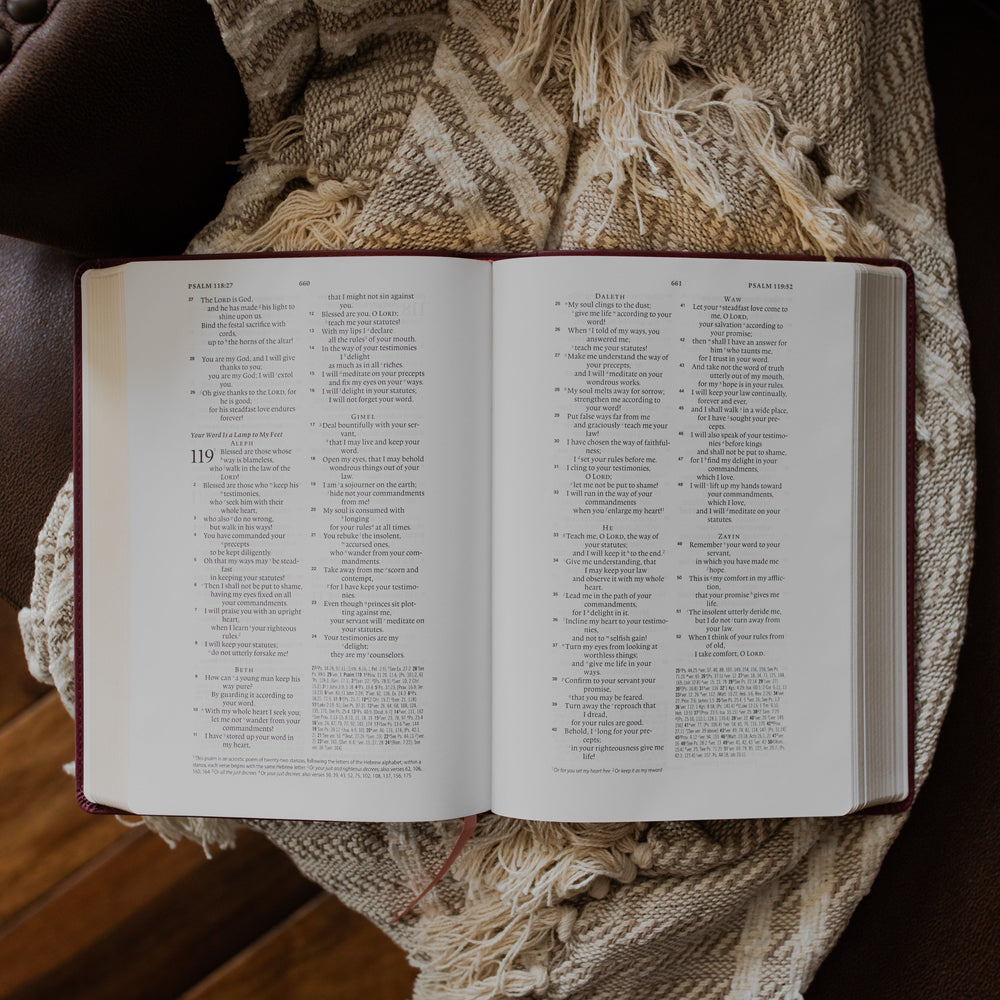 An open bible to Psalms 119 on a textured blanket