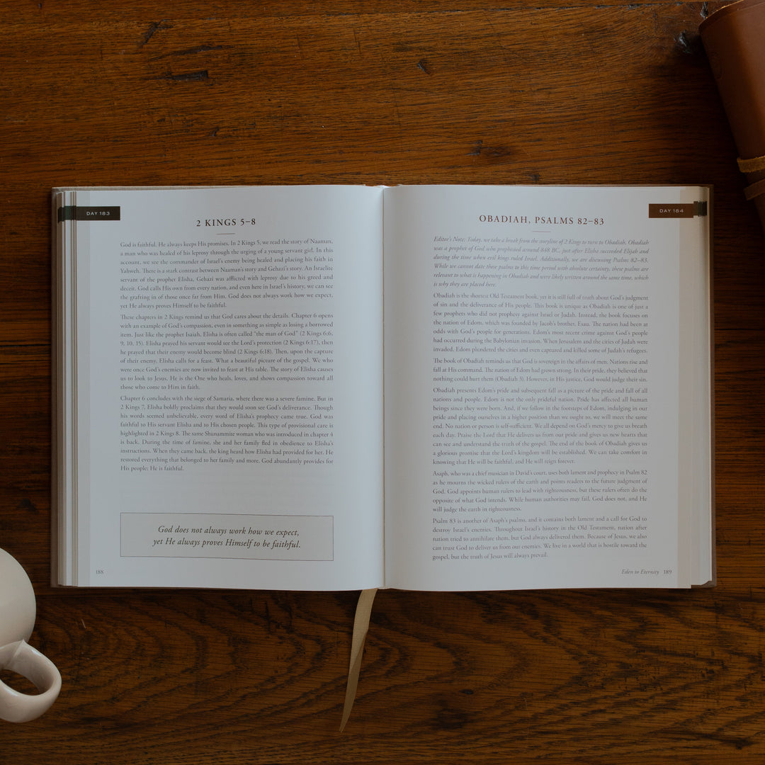 Eden to Eternity Devo opened to day 183 page next to a coffee cup and a leather bible on a wooden table