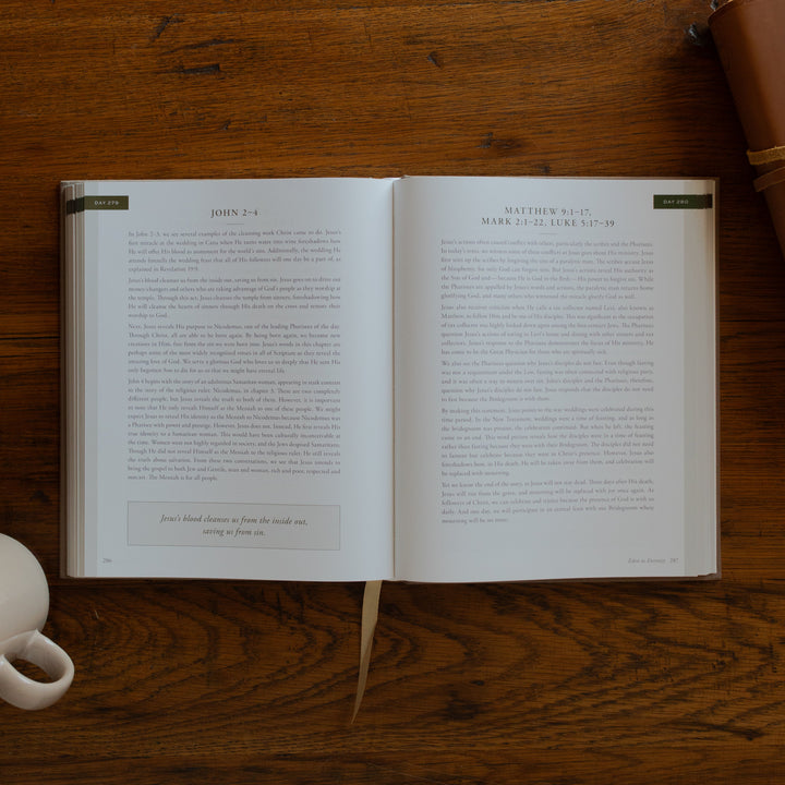 Eden to Eternity Devo opened to day 279 page next to a coffee cup and a leather bible on a wooden table