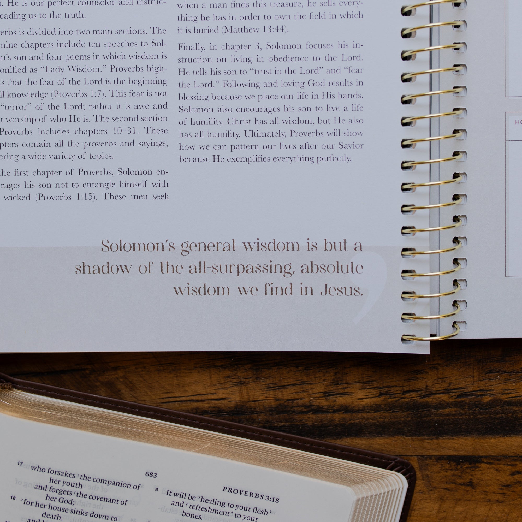Eden to Eternity Spiral opened to a devotional in the corner of the page on a wooden table next to an open bible