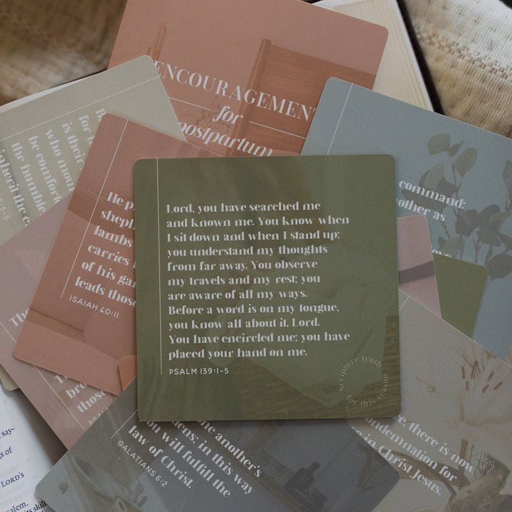 Example of Scripture verse side of encouragement for postpartum verse cards for Christian women