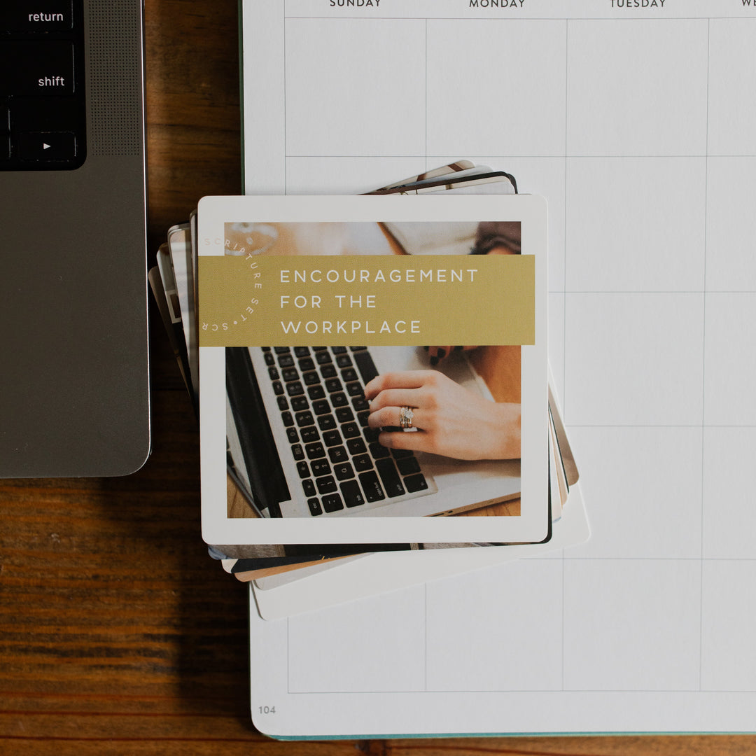 Rounded Edges Encouragement for the Workplace Verse Cards on a calendar and next to a keyboard