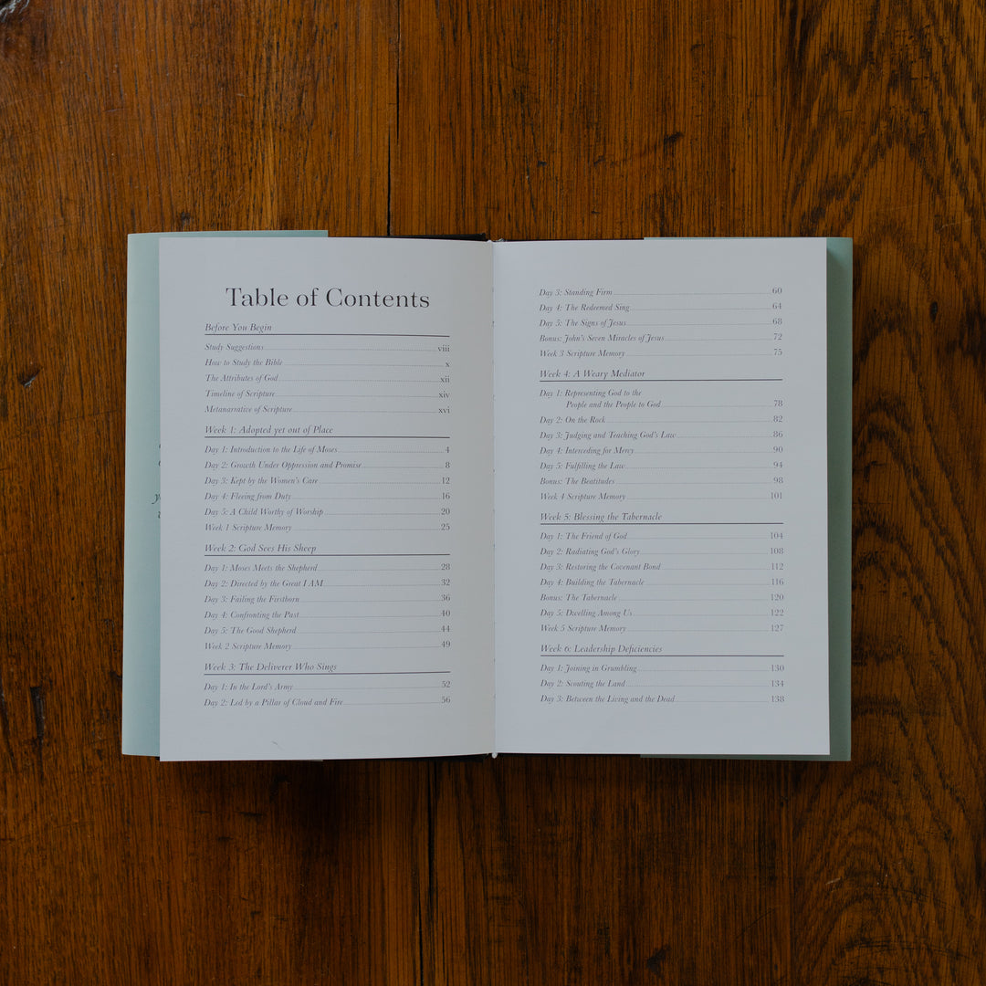 Face to Face Hardcover opened to the table of contents page on a wooden table