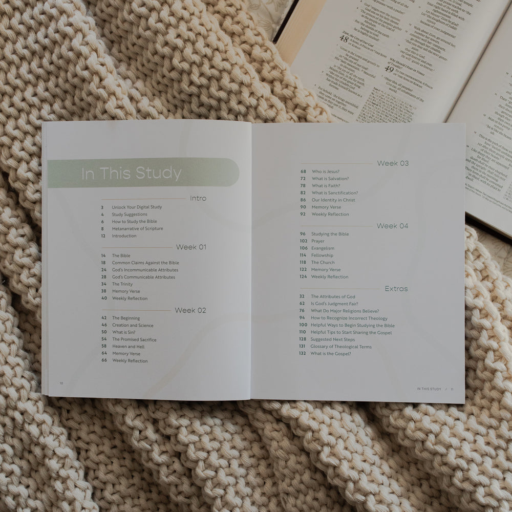 Faith Foundations for Teens study opened to the table of contents page on a knitted blanket on an open bible