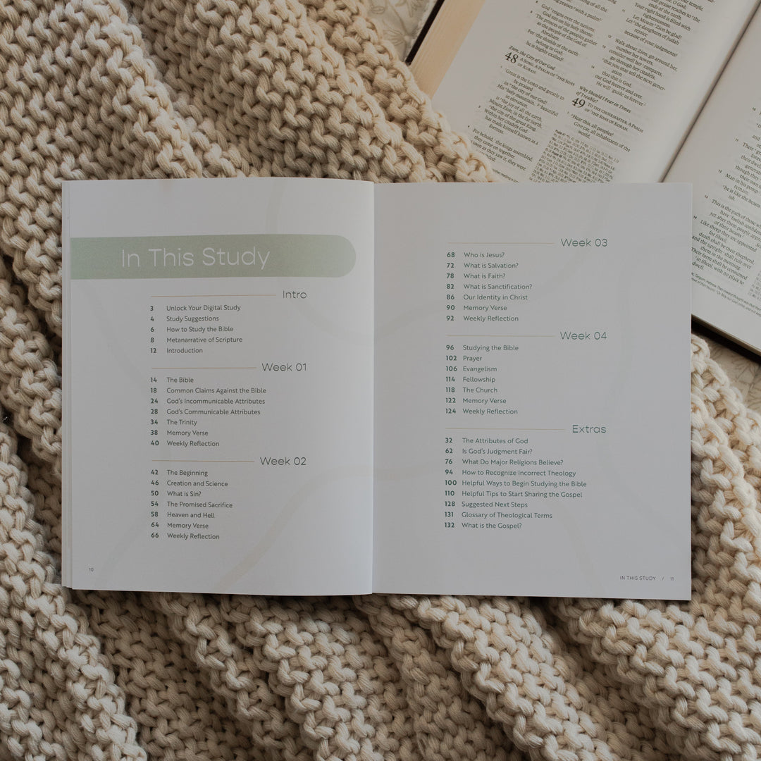Faith Foundations for Teens study opened to the table of contents page on a knitted blanket on an open bible