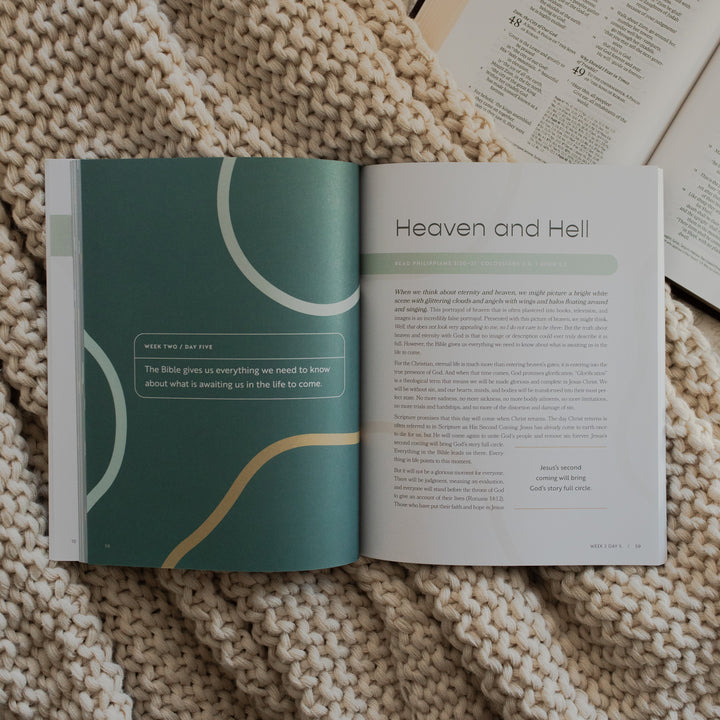 Faith Foundations for Teens study opened to the Heaven and Hell page on a knitted blanket on an open bible