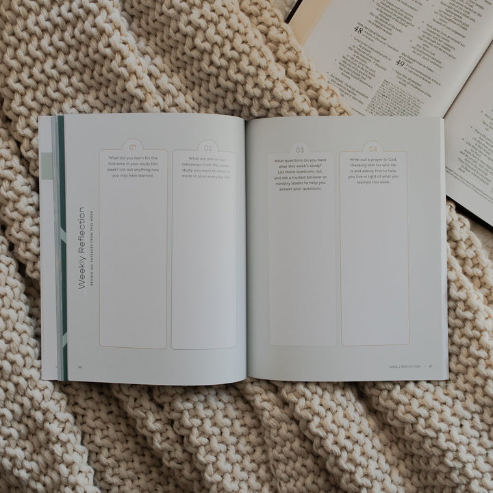 Faith Foundations for Teens study opened to the Weekly Reflection page on a knitted blanket on an open bible