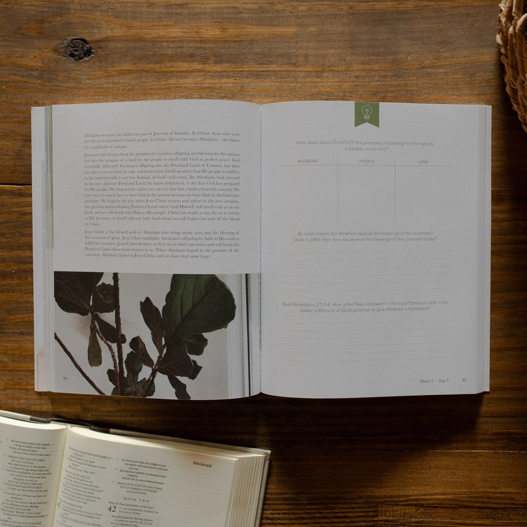 Faithful matter study opened to week 3 day 5 page on a wooden table next to an open bible