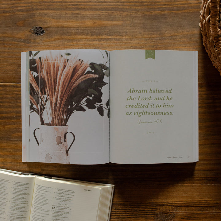 Faithful matte study opened to the week 3 memory verse on a wooden table next to an open bible