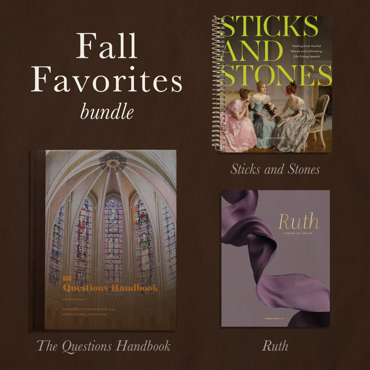 A fall favorites bundle graphic featuring three books: 'The Questions Handbook' with stained glass artwork, 'Sticks and Stones' with a spiral binding and classical painting cover, and 'Ruth' with a purple ribbon cover, all on a dark brown background.