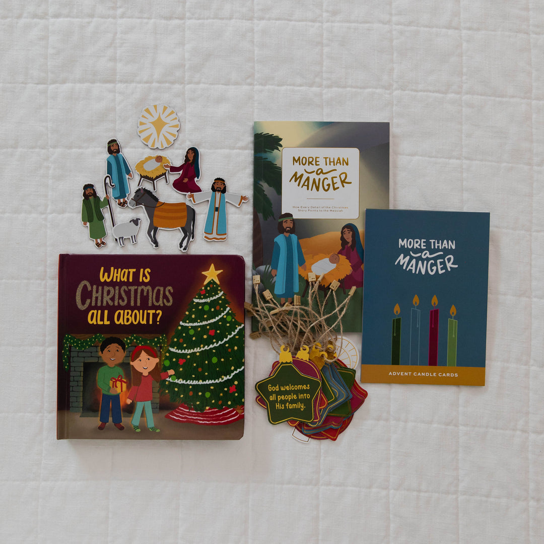 Advent family bundle with family devotional, nativity magnets, candle cards, family ornaments and Christmas board book 