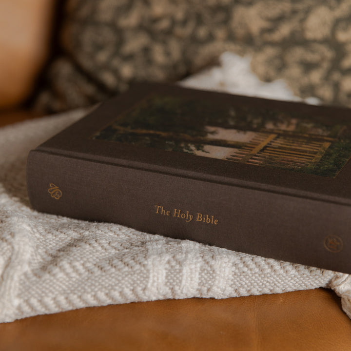 A dark brown hardcover copy of The Holy Bible resting on a textured cream knit blanket, with a warm leather surface and a patterned cushion in the background.