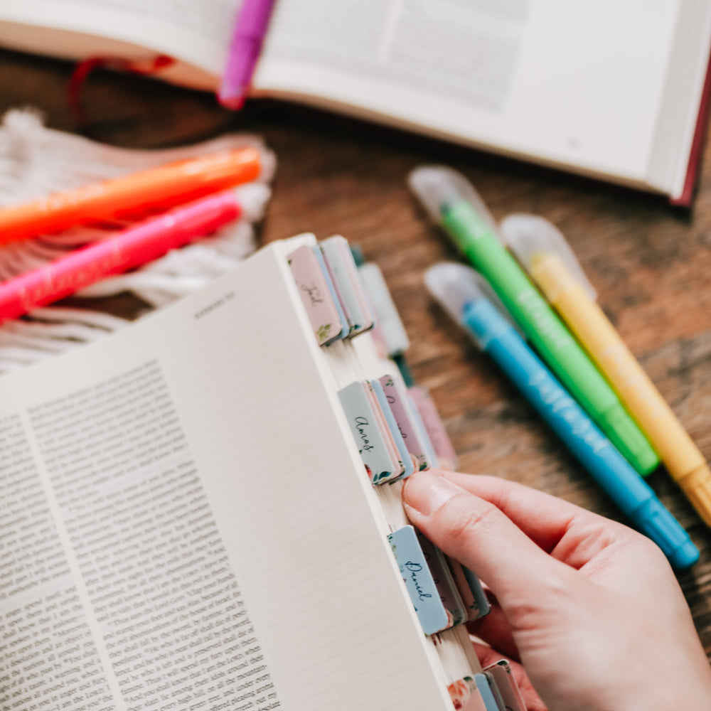 Floral Bible tabs and Bible highlighters on table