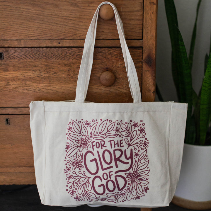 Christian tote bag that says For the Glory of God with florals