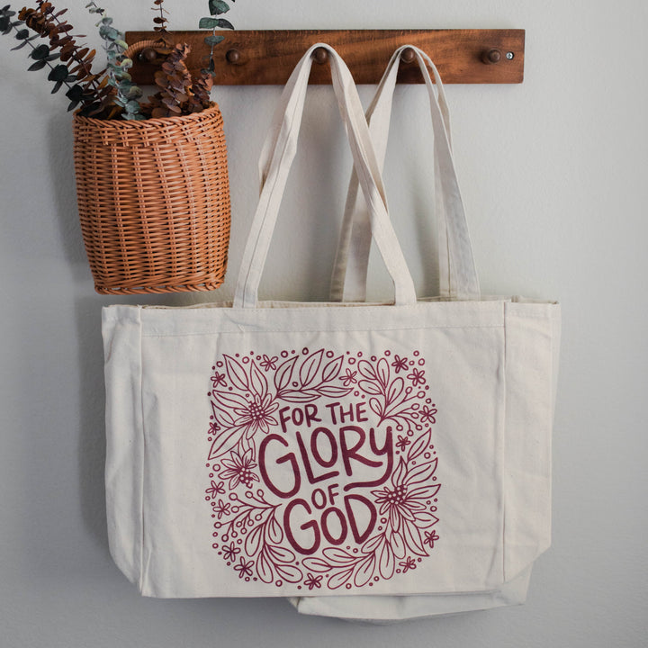 Canvas tote bag that reads For the Glory of God