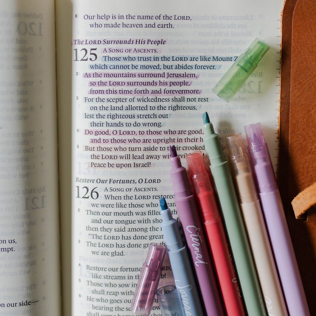 Six thin dual tip jewel tone highlighters in Psalm 125