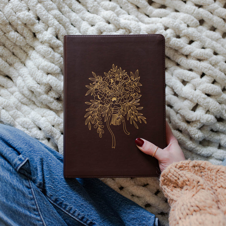 Brown leatherette Bible with Gold floral bouquet