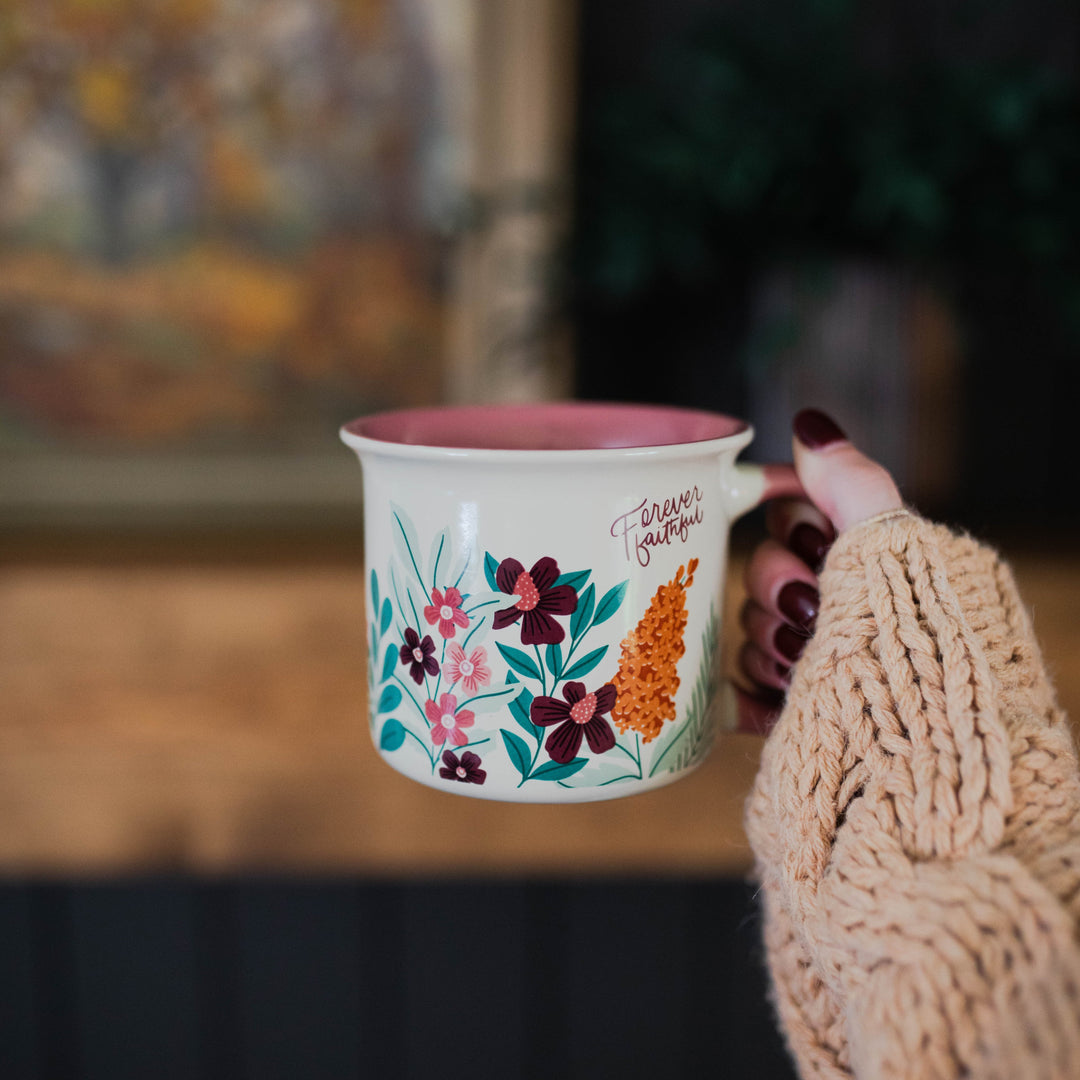 colorful flower mug for christian women that says forever faithful