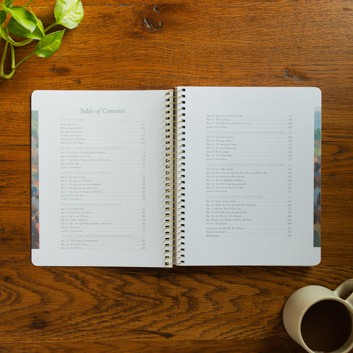 The Forty Sayings of Jesus Spiral opened to the table of contents page on a wooden table