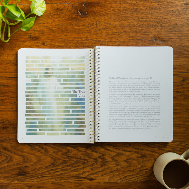 The Forty Sayings of Jesus Spiral opened to the Tue Vine page on a wooden table