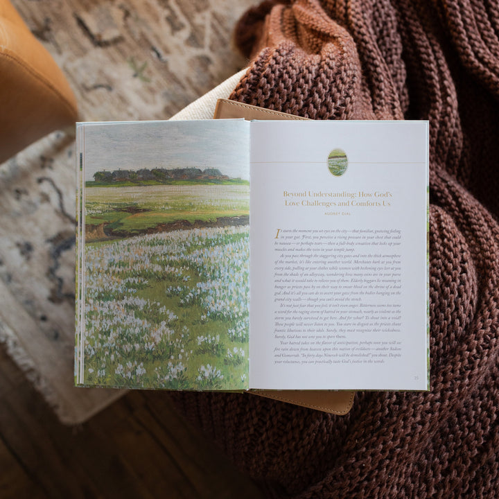 The Fullness of Joy opened to the Beyond Understanding reading page on a closed bible on a knitted blanket