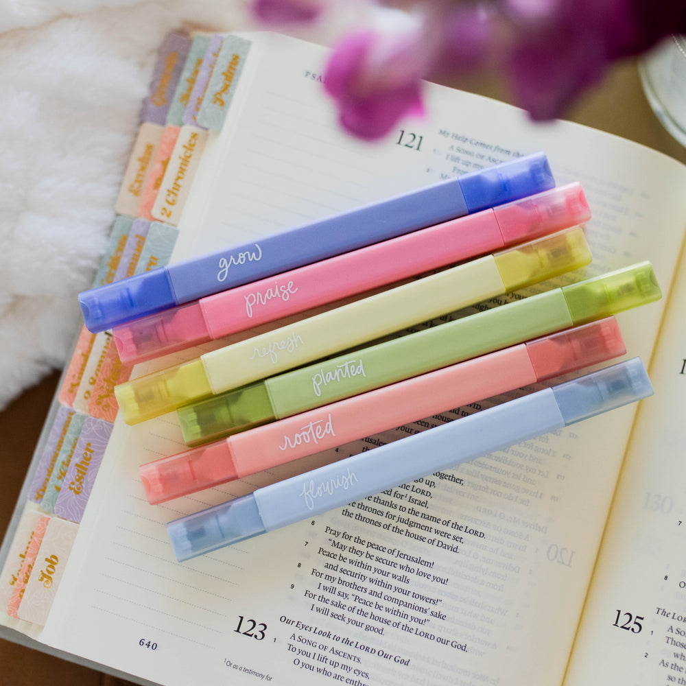 Unpackaged bible highlighters on open bible