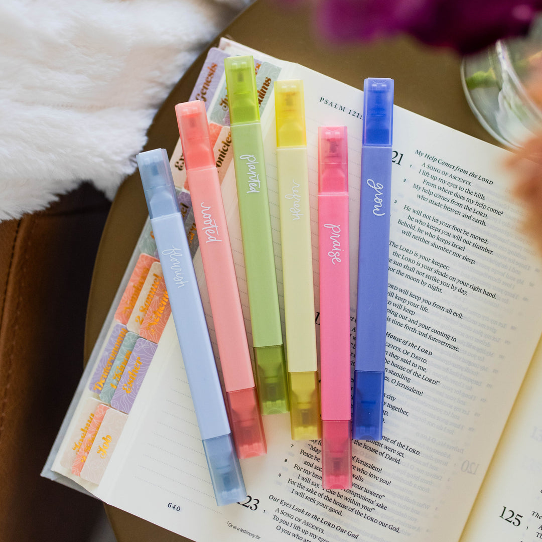 Bible highlighters displayed on open bible for Bible journaling