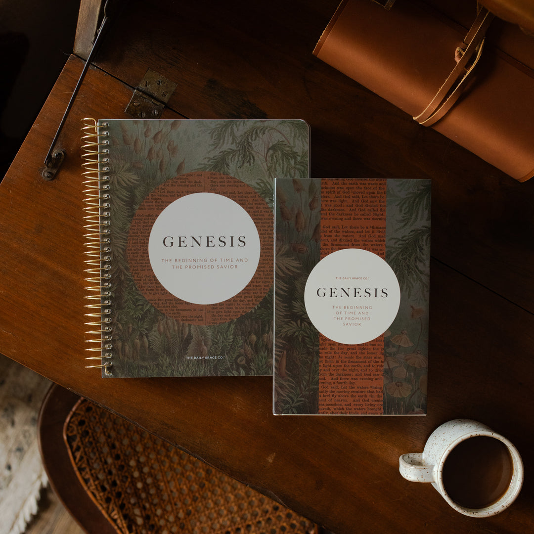The Genesis Spiral and the Genesis book next to each other on a wooden table next to a coffee cup