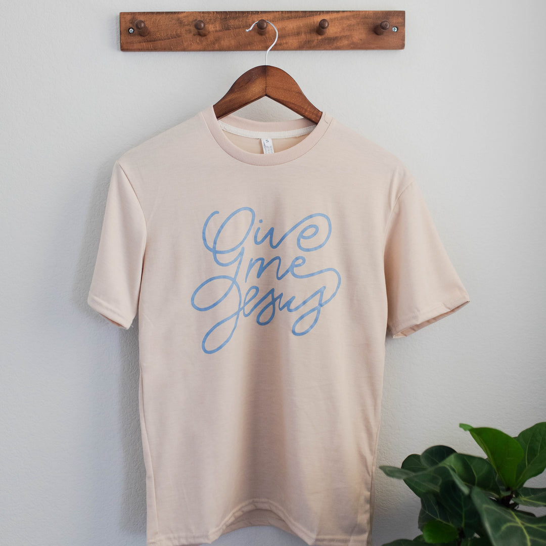 Christian Tee in cream with blue cursive print