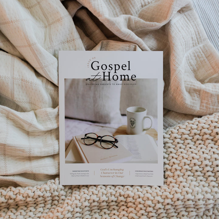 Gospel at Home Issue 9 Magazine cover on two blankets, one that is knitted and one that is smooth